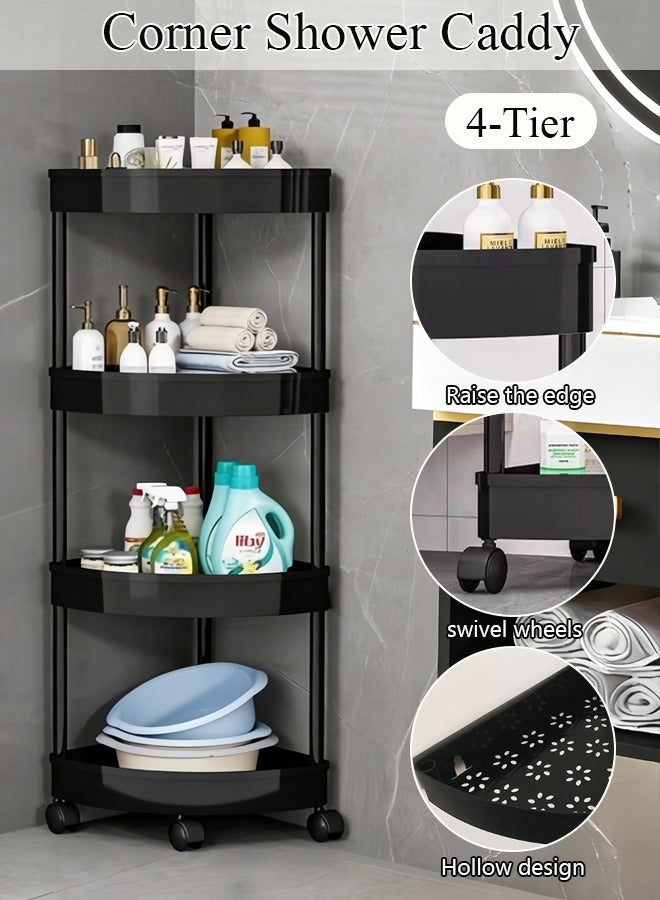 LOKIPA Plastic Shelf Bathroom Corner Shelves,Corner Shower Caddy Shelves, Bathroom Shower Shelves Unit Cart with Wheel, Rust Proof Open Storage Cart for Bathroom, Kitchen (Black, 4-Tier) - Image 1